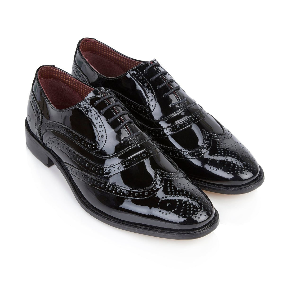 Albert black patent brogue Oxford shoe, pair close-up