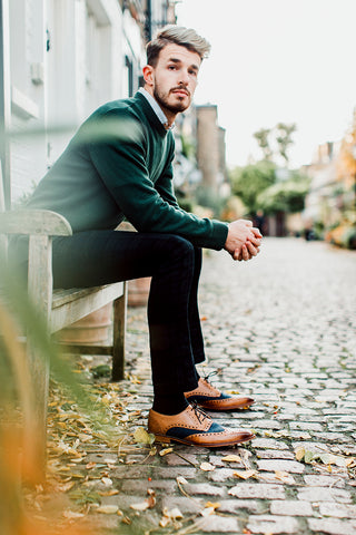 Blue Tweed and tan brogues