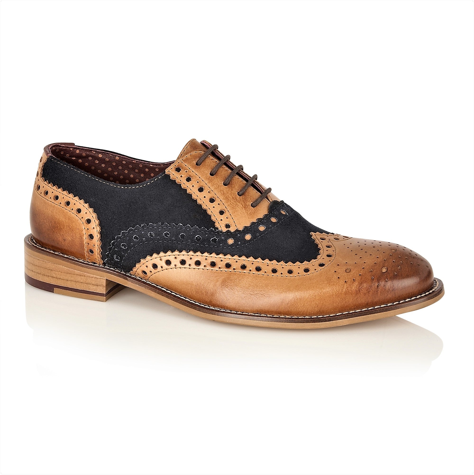 Gatsby Leather Brogue Tan/Navy-Wide Fit, Shoes, London Brogues  - London Brogues