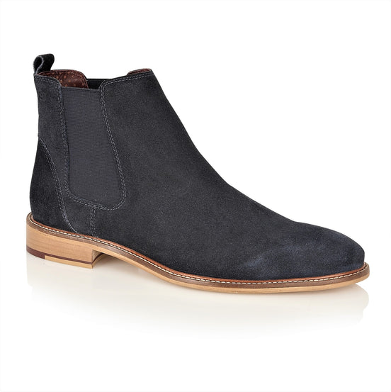 Hamilton navy suede Chelsea boot, front three-quarter view