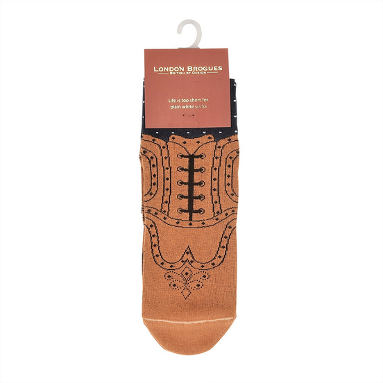 Navy brogue-pattern sock, retail packaging