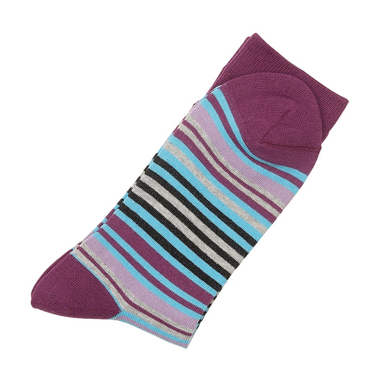 Purple striped sock, laid-flat view