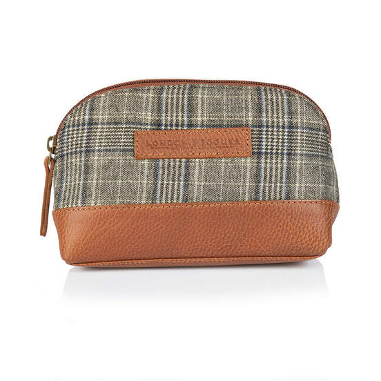 Grey tweed and tan leather washbag, front view